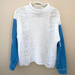 Say What? White Knit Cowl Neck Sweater with Blue Denim Sleeves